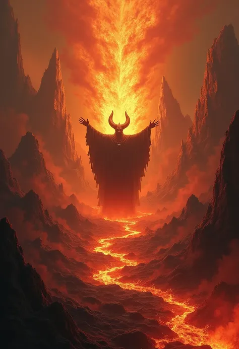  A hellish landscape under construction : mountains of sulfur , lava rivers ,  souls caught in flames .  Satan raises his hands and fire surrounds him.