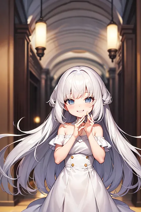  white hair、Gray Hair、 beautiful girl、 big smile 、Innocent、Delighted、Pure white outfit、 white skin、Transparency、 cute、Inside the palace、 girl、 slender、 Slim、 high image quality、4ｋ、 medium hair、 is adorable、 wink、smile、 happy、 innocent、mischievous expressio...