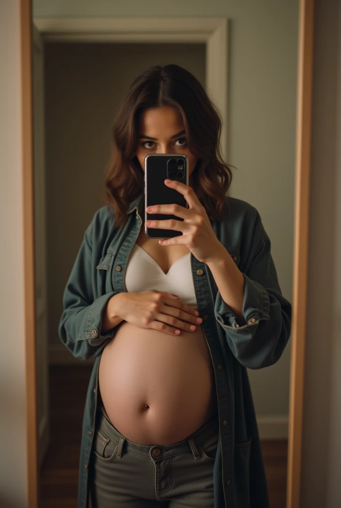 Mirror photo with the cell phone covering the face and a 2-month pregnancy belly 