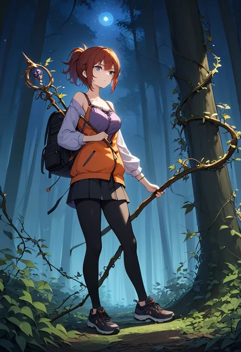 High Resolution, Masterpiece, 4K, dark forest, night, 1girl, Auburn hair, short ponytail, grey eyes, medium breasts, orange vest, purple camisole, black skirt, black leggings, black hiking shoes, cutting vines, annoyed expression, staff on back