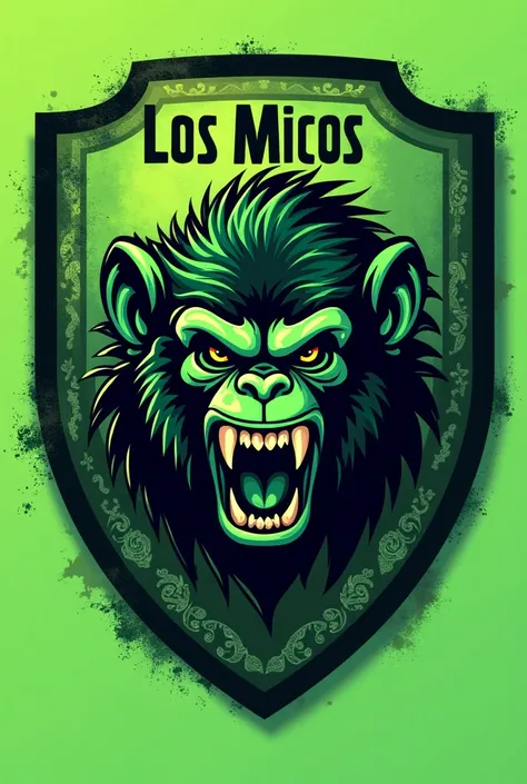 Create soccer team shield with the name Los Micos on the shield,  shield with a Ferocious Monkey on the shield and the shield color is all green
