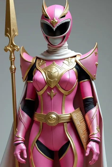 Create a female Power Ranger with pink armor with gold details and a light cloak. His helmet has a symbol of scales, representing justice and leadership. He carries a shiny spear and a small shield with ancient inscriptions, with a cross design on his belt...