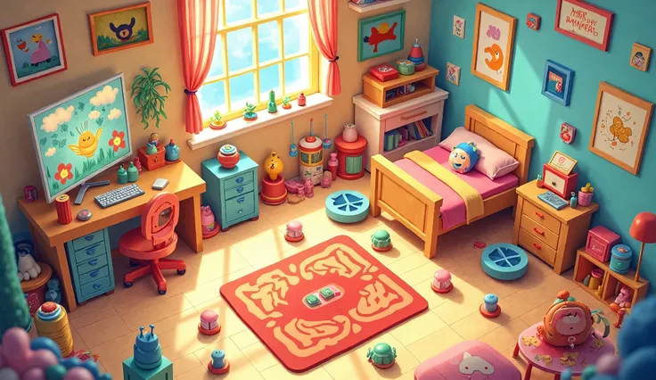 a cartoon  illustration of a 's room with toys and furniture, Toy Room , 's bedroom の内部, personal room background , 's bedroom , Boys' Room ,  ren's toys that can be assembled,  Classroom Background , flat  illustration,  illustration!, cartoon  illustrati...