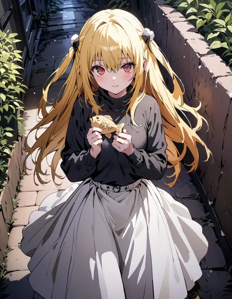 toloverudarkness, darkness, yellow hair,  long hair,  red eyes ,  Hair Ornament,White hair band ,White muffler, black down coat ,( sweater  :1.2),(  turtleneck:1.2), white long skirt, boots,Walking around eating with taiyaki in one hand,Eating taiyaki ,sno...