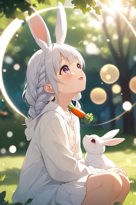 1 girl, ager, happy, with braided hair,A carrot is tucked into her braided hair,
BREAK,
a cute white rabbit looking up, watching its owner girl,
BREAK,
playing in a park,
BREAK,
bokeh photography, soft focus, out-of-focus highlights, dreamy ambiance, glowi...