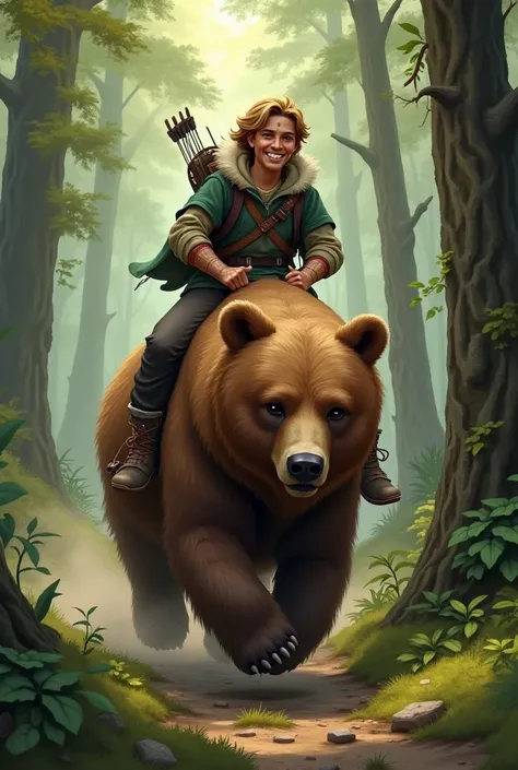 A medium dnd ,  with a big smile,  riding a majestic brown bear .  carries a bow on his back ,  ready for any adventure . The bear,  with its brown fur ,  walks confidently while the medium one guides him through a lush forest.

