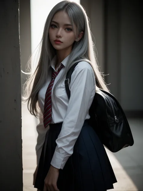  high quality, school uniform,Gray Hair, super long hair, multi view, hands