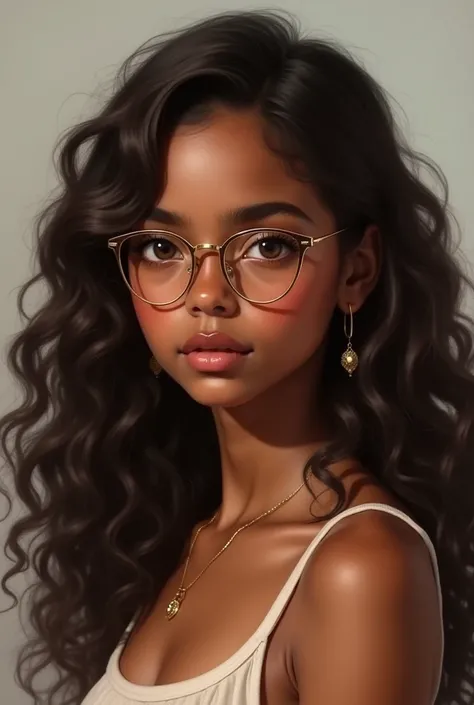 Generate an image of a humanoid Dominican girl between 13- with the following characteristics:  Medium body build Curly hair , long,  dark brown type 3c-4a ,  brown eyes, Dark skin and lenses 