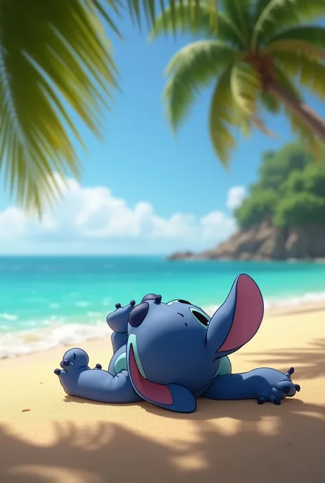 Stich on his back on the beach 