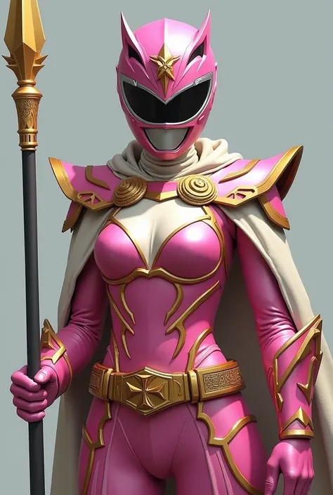 Create a female Power Ranger with pink armor with gold details and a light cloak. His helmet has a symbol of scales, representing justice and leadership. He carries a shiny spear and a small shield with ancient inscriptions, with a cross design on his belt...