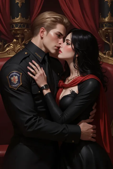 couple, 28 year old man, tall, strong, short dark blond hair, bald, thick eyebrows and sharp green eyes, full lips, he is in profile wearing a police officer's outfit while holding her face with one hand, he is looking at the woman, the woman is next to hi...