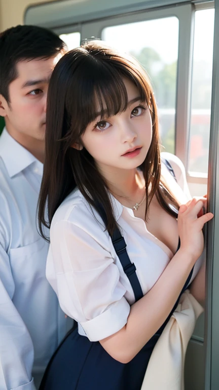 (  Hashimoto Kanna)、(  white shirt)、 My chest is unbuttoned、( Staring Through a Window )、Her hands are behind her back 、  look away 、 The line of sight is in the direction of the window、Hand that touches the navel、A man's hand is stuck in the flank、  ultra...