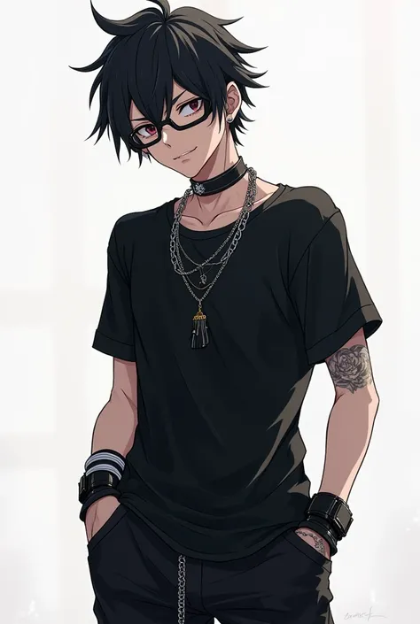  Create a male character messy hair slanted punk glasses, Cadena de carti ,Black flower a black short and a black shirt with black gloves for anime profile picture