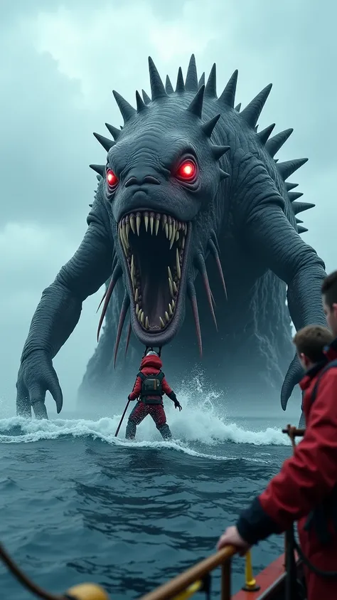  A monstrous giant sea creature caught by fishermen in the middle of the sea .  This creature has a rough scaly body , red glowing eyes ,  and sharp teeth sticking out of its jaws .  Its body is strewn with long tentacles that are still moving , with spiny...