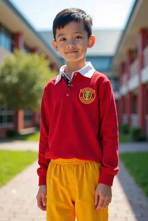 A student in a red and yellow uniform at his school 