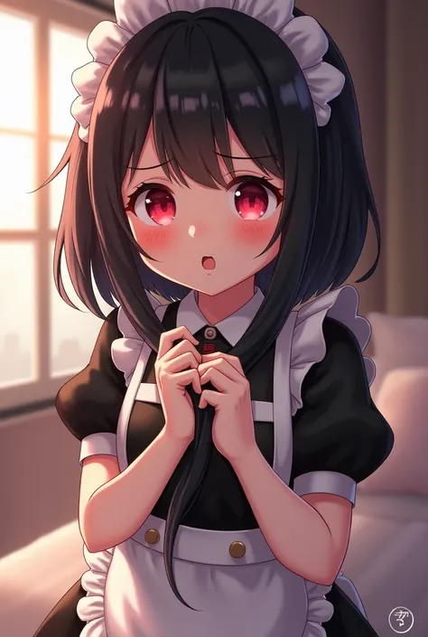  cute　 lori　Baby Face 　 embarrassed expression　Red cheeks　 short　 maid clothes　Shiny hair　Beautiful Hair　longhair　 black hair　Hairjob　 play with hair 　Tangle your hair around your penis　hairjob