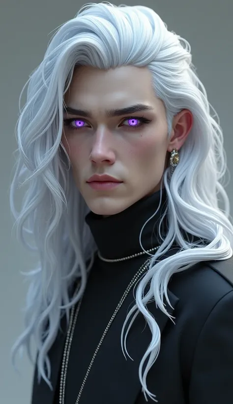 3D male with long silver hair , DARK PURPLE EYES , 4K