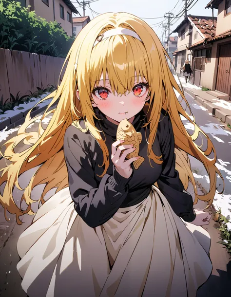 toloverudarkness, darkness, yellow hair,  long hair,  red eyes ,  Hair Ornament,White hair band ,White muffler, black down coat ,( sweater  :1.2),(  turtleneck:1.2), white long skirt, boots,Walking around eating with taiyaki in one hand,Eating taiyaki ,sno...
