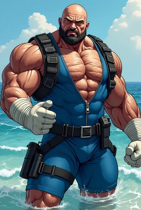 (a rugged beefy extremely muscular bulky zangief), (wearing blue fully-zipped zipper wetsuit and short swimming pants), thumbs up pose, wearing bulky harness, wearing bulky scuba gear, muscular physique, toned muscles, fierce, heroic, action, comic artstyl...