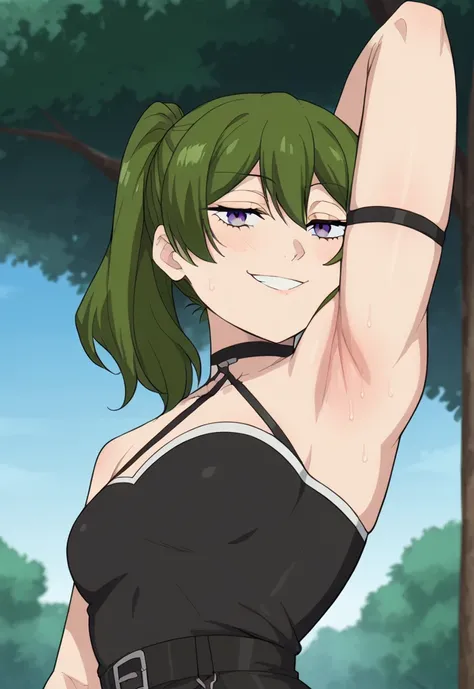 score_9, score_8_up, score_7_up, source_anime, anime screencap, 1girl, solo, ubel, medium hair, bangs, green hair, medium breasts, purple eyes, black strapless shirt, sleeveless, bare shoulders, bare arms, arm behind head, armpit, head towards viewer, sedu...