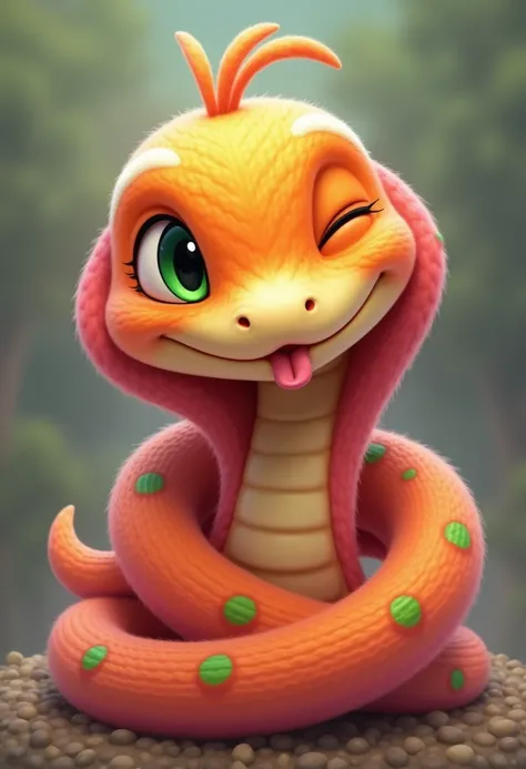 an orange and pink snake with green dots with a silly expression and a sweet shy smile on its face peeks through its own rings and winks with one eye, a snake's tongue sticks out, an atmosphere of stupidity and fun