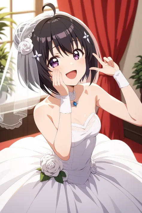 masterpiece,best quality,{{detailed beautiful face and eyes}}, very detailed background,
Kaede Honjou,{{{megami magazine}}},short hair,black hair,hair ornament,ahoge,bob cut,purple eyes,small breasts,
1girl,hairstyle: (wedding bun:1.2)
Outfit: (wedding dre...