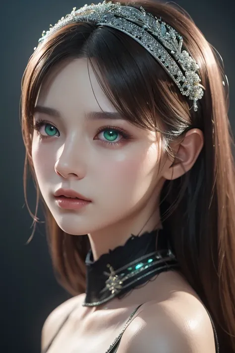  for work、 Immerse yourself in the elegance and refinement of her enchanting sparkling green eyes. Utilizing 3D technology and Octane rendering at 8K resolution、Her detailed face is rendered in a hyper-realistic way。.  exquisite, sharp details and smooth r...