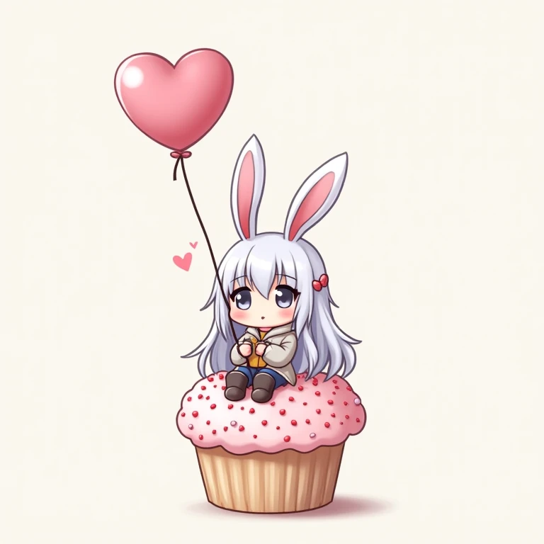  girl with rabbit ears , Rabbit ears girl、Rabbit cat ears ,  white hair color silver hair quality silver hair, long hair long hair、 GREY EYES、 Grey eyes,Long Hoodie Boots 、  figure sitting on a big cupcake ,  illustration,  cute cute cute ,  Valentine's Da...