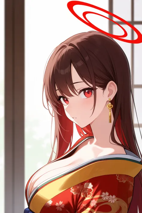 1 girl, Hair length reaches the back, Brown hair and red hair on the edges of the hair, red eyes, but not bright, curvy body, wear a sexy kimono outfit, หน้าอกไซส์ปานกลาง, have a gold earring, have a red halo