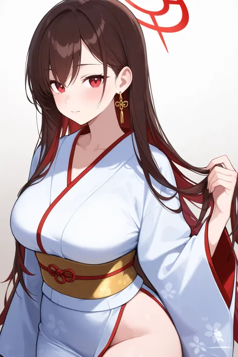 1 girl, Hair length reaches the back, Brown hair and red hair on the edges of the hair, red eyes, but not bright, curvy body, wear a sexy kimono outfit, หน้าอกไซส์ปานกลาง, have a gold earring, have a red halo