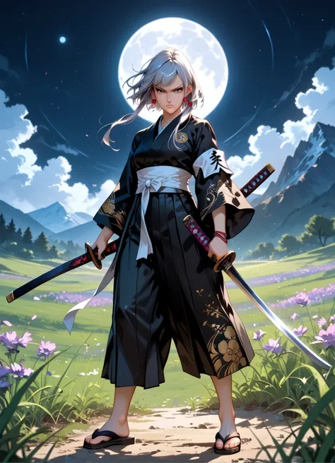 masterpiece, best quality, 1girl, solo, is4ne, silver hair, short hair with long locks, black eyes, earrings, black kimono, wide sleeves, white sash, black hakama, armband, brown arm badge, holding sword, fighting stance, katana, serious, wide shot, sandal...