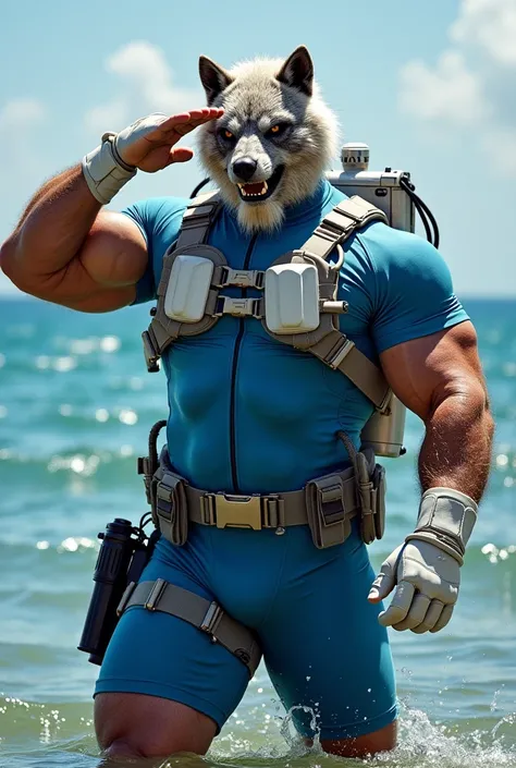 (a rugged beefy extremely muscular bulky angry old man), (wearing blue fully-zipped skintight wetsuit and short swimming pants), (wearing realistic roaring wolf mask), saluting, wearing white bulky harness, wearing bulky scuba gear, muscular physique, tone...