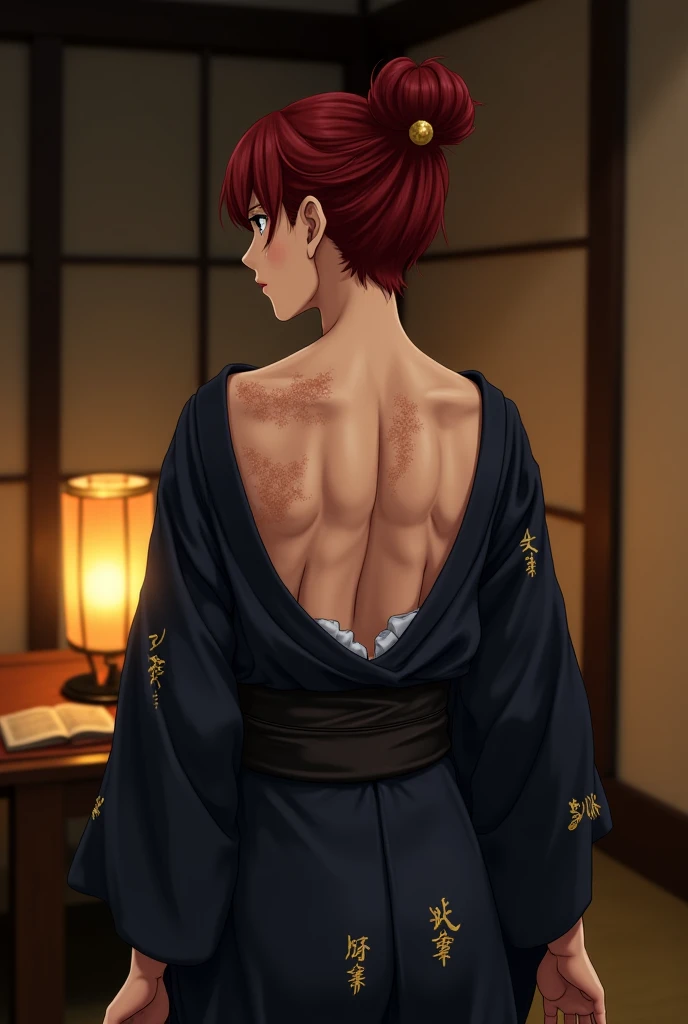 Old Japanese anime-style courtesan. Standing, taking off her kimono, revealing her body down to her lower back. Dark red hair tied up in traditional Japanese hairstyle by Oiran.  Elegant dark blue kimono with gold drawings. Brown freckles all over her back...