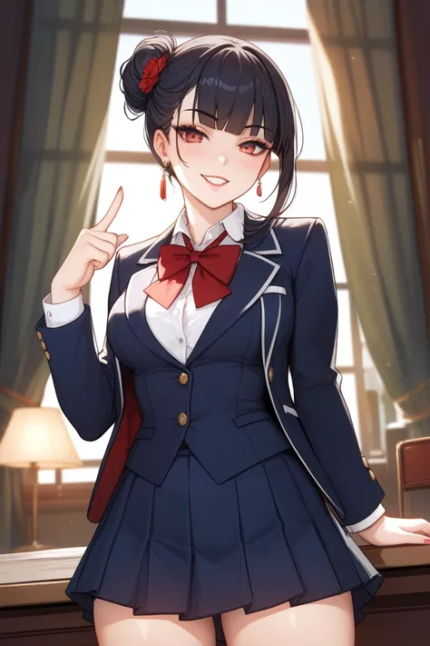 A full-body illustration of a stunningly beautiful high school girl in cel-shaded style, reminiscent of visual novel graphics. She has long, sleek black hair and wears a simple yet elegant blazer-type school uniform in either black or navy. Her expression ...