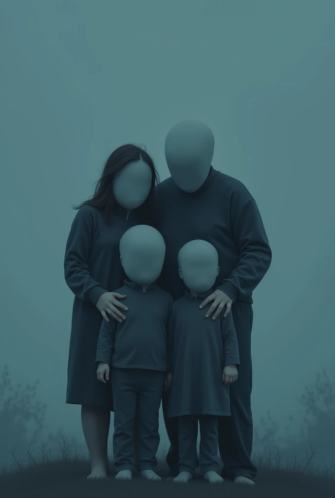 Faceless depressed family graphics blue background 