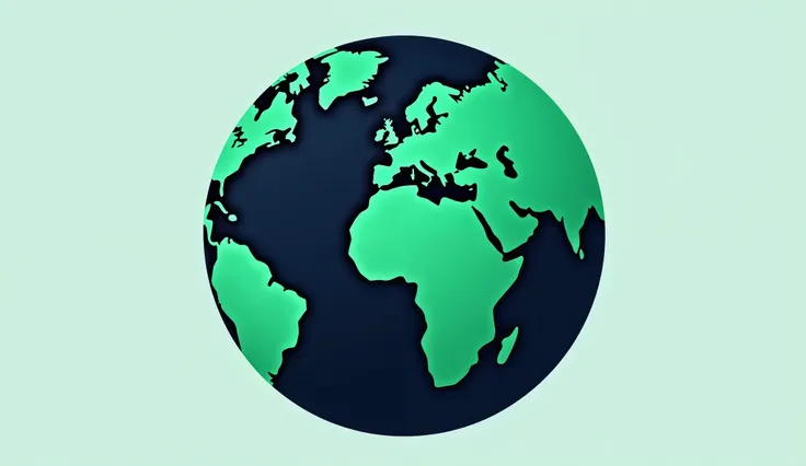 A minimalist logo of planet Earth with deep dark blue oceans and vibrant green continents. The continents are clearly defined with a subtle yet visible division of countries. The design is clean and modern, with smooth lines and a balanced composition. The...