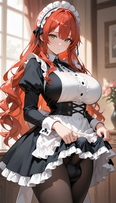 sfw, masterpiece, Best Quality, High resolution, detail hands, detail fingers, detail face, detail leg, (1girl, detail girl, 20 years old girl), (red hair, long hair, wavy hair, green eyes, large breasts), (maid, maid clothes,maid apron, maid headdress, fr...