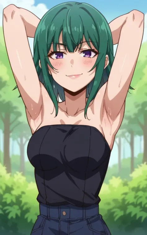 score_9, score_8_up, score_7_up, source_anime, anime screencap, 1girl, solo, ubel, medium hair, bangs, green hair, medium breasts, purple eyes, black strapless shirt, sleeveless, bare shoulders, bare arms, arms behind head, armpits, head towards viewer, se...