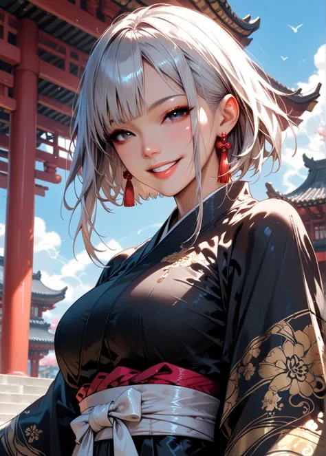 masterpiece, best quality, 1girl, solo, is4ne, silver hair, short hair with long locks, black eyes, earrings, black kimono, wide sleeves, white sash, black hakama, large breasts, looking at viewer, smile, parted lips, upper body, blue sky, east asian archi...