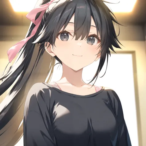 1girl, Young, tall, hair ribbins, hair accessories, bang between eyes, Long bang, Very high quality, blushes, cute, Pitch black hair, ponytail, doctor, wear cute pink ribbons outfits, beautiful, the most beautiful doctor, very long hair, black eyes, Casual...