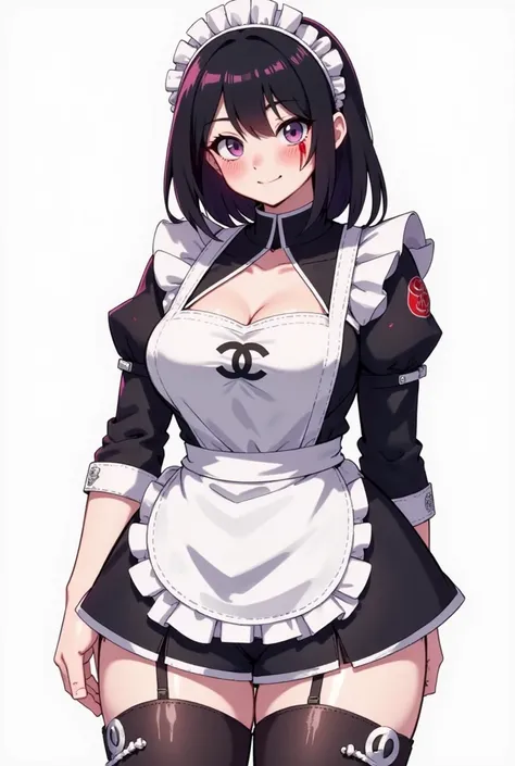 adult,  full body,  thick thighs,  big boobs, maid&#39;s clothes, sexy, Spider eyes , Chanel purple hair, Shock pink wicks, short, anime,  simple bottom , blushed,  blood on the face , sharp eyes, legs, Half 