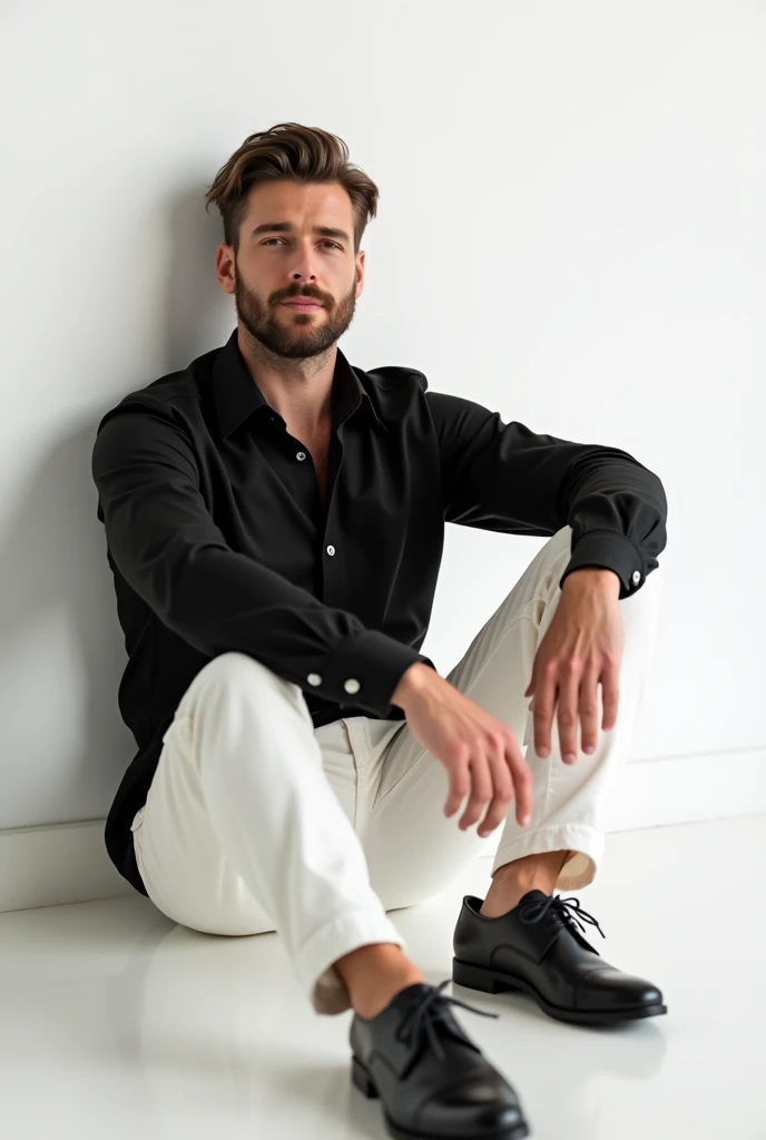 Crie uma image for advertising Homem jovem com confiança e elegante confiante, sitting sideways on the floor in a relaxed way , sideways but confident with a slightly shaded white background. She wears a well-fitting plain black dress shirt and slightly lo...