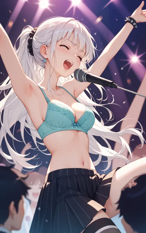 アイドル, clubbing, cry, sobbing, bashfulness, shame, bra, microphone, clothing audience, White hair, dancing