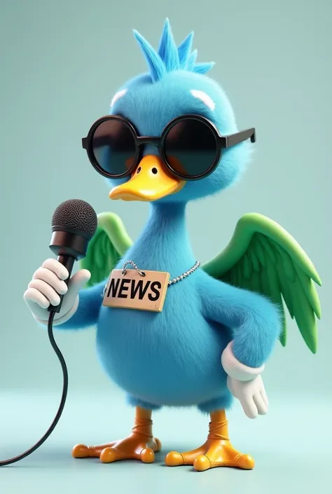 A 3D-rendered image of a blue goose with green wings and blue hands wearing white gloves. The goose is wearing round black sunglasses, has a yellow beak, and is wearing golden boots. A sign around its neck says 'NEWS'. Its right wing is holding a microphon...