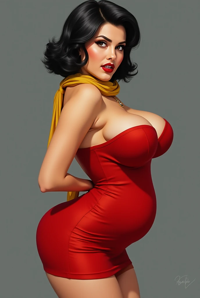 Sexy woman, Curvy, very good figure, looking at viewer, very short red dress, sleeveless, short hair, giant breasts, looking at viewer, giant ass partially exposed, pantylines, from behind, yellow scarf, lipstick, red lips, makeup, simple background, gray_...