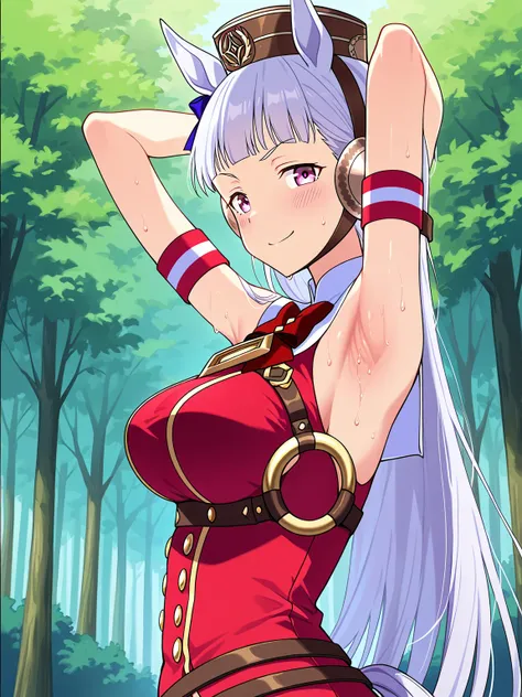 score_9, score_8_up, score_7_up, source_anime, anime screencap, 1girl, solo, gold ship umamusume, purple eyes, white hair, long hair, red clothes, little hat, sleeveless ,arm up, raised arm, armpit, looking at viewer, head towards viewer, badhandv4, from s...