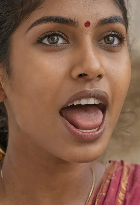 Ultra detailed photo of kannadiga woman, beautiful girl, highest quality realistic skin, eyes in focus, 25 years old, focus on mouth, open mouth, saliva, open mouth wide, inside of mouth visible, ponytail hair, mouth open wide, uvula visible, mouth open wi...