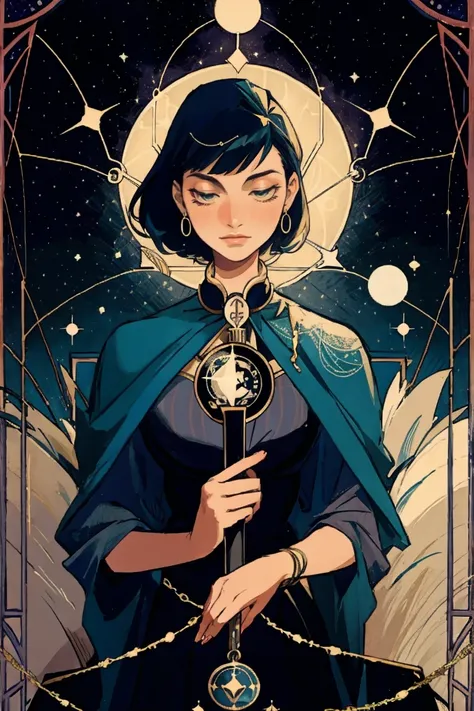 Vintage style, mysterious mood, tarot reader, woman, constellations, shadow