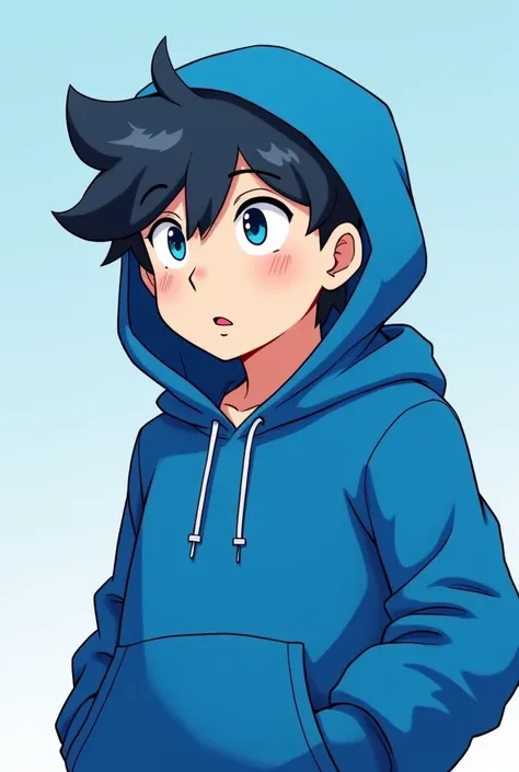 Anime-style cartoon full body character MAN in blue hoodie that covers his eyes and hair showing his big penis 