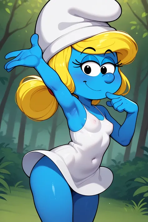 smurfette, moxette, brainy_smurf, white hat, blue skin, blonde, small breasts, looking at viewer, dynamic pose, cute, solo, forest background, sexy body, seductive face, smile, small girl, white dress, small Breasts, black eyes 